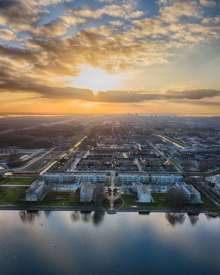 Stedenwijk in Almere by drone during sunset