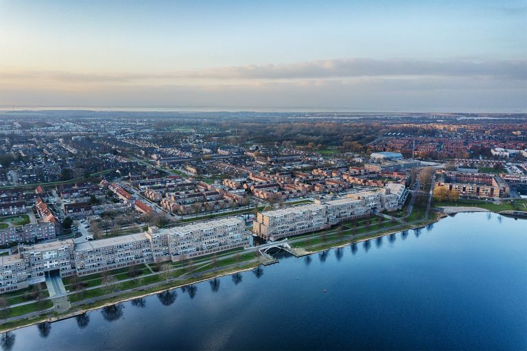 Stedenwijk in Almere by drone during sunset