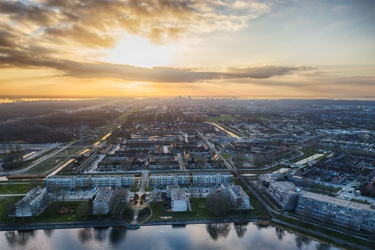 Stedenwijk in Almere by drone during sunset