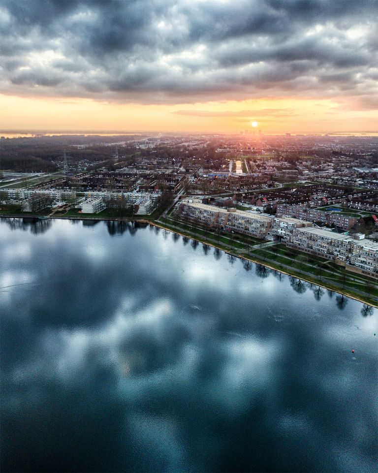 Stedenwijk in Almere by drone during sunset