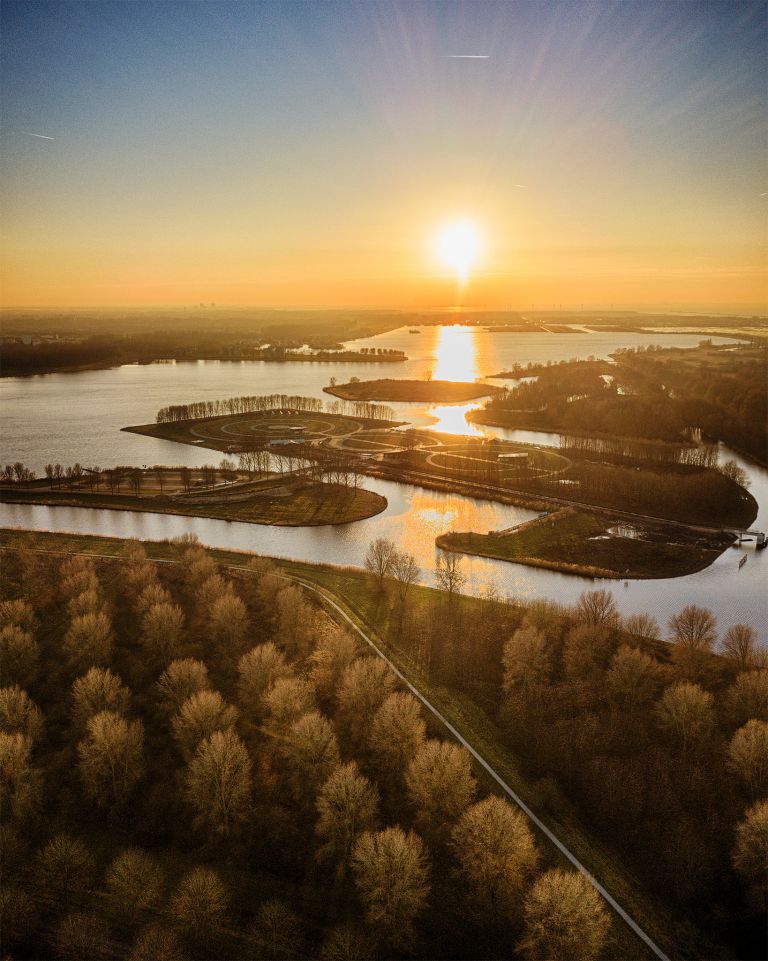 Drone sunset over lake Noorderplassen