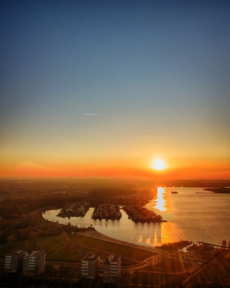 Drone sunset over lake Noorderplassen