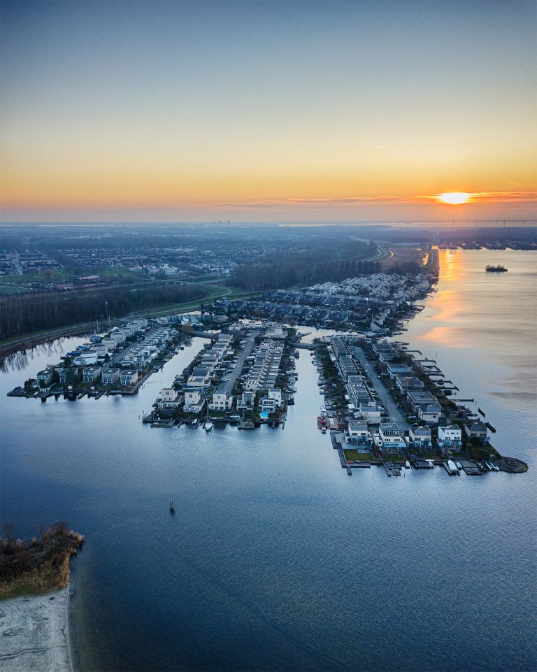 Drone sunset over lake Noorderplassen