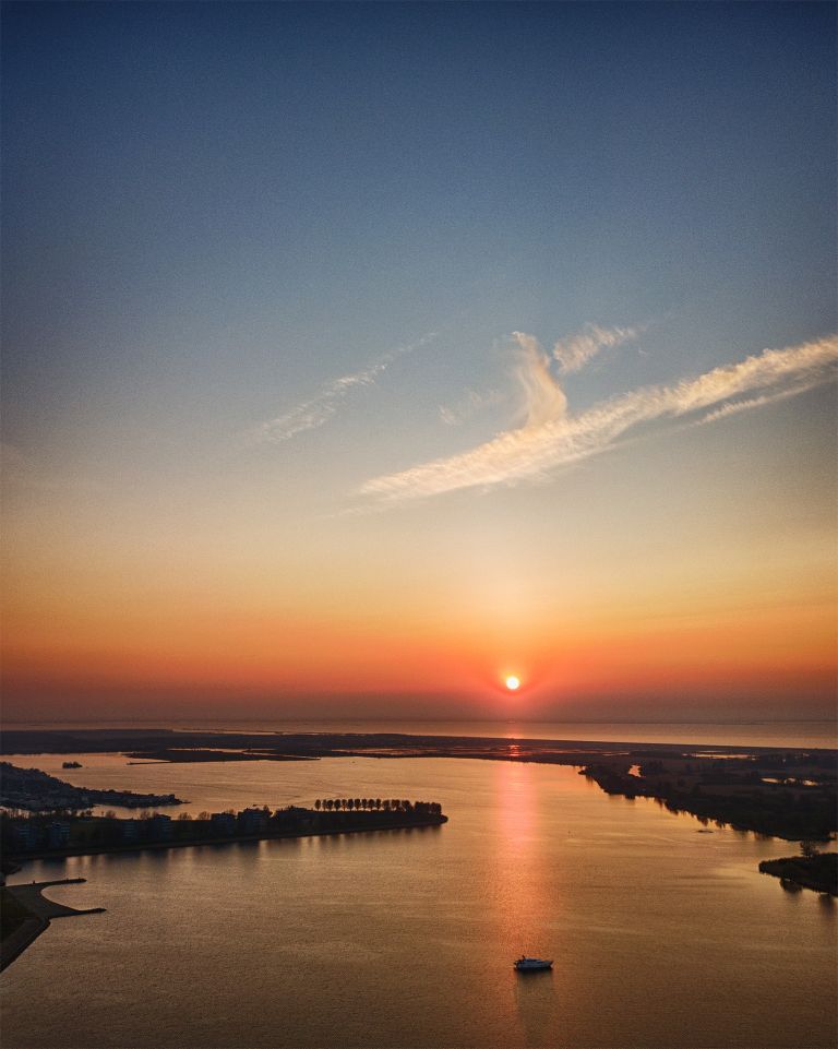 Drone sunset over lake Noorderplassen