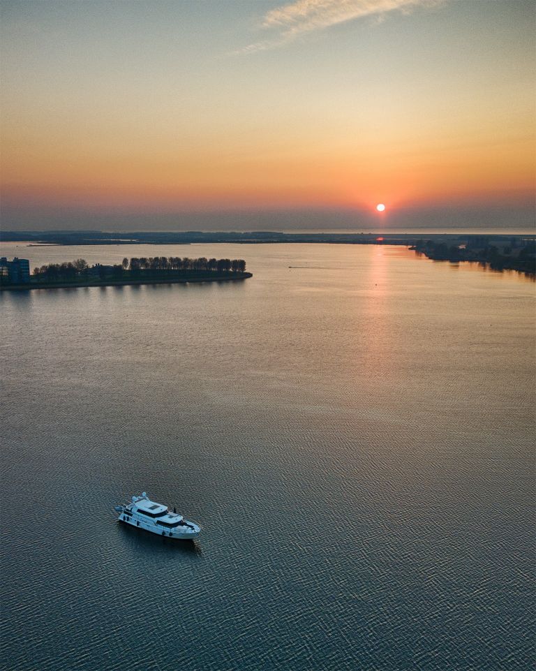 Drone sunset over lake Noorderplassen