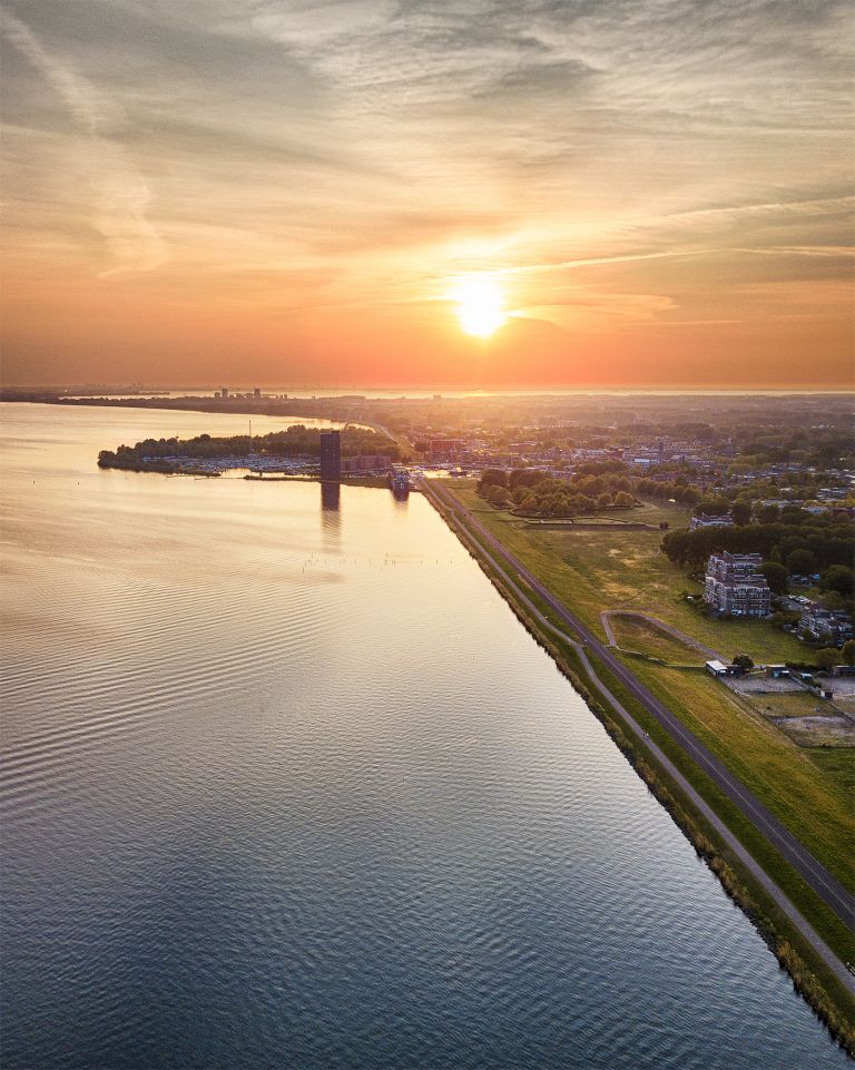 Drone sunset over lake Gooimeer