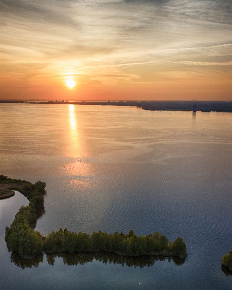 Drone sunset over lake Gooimeer