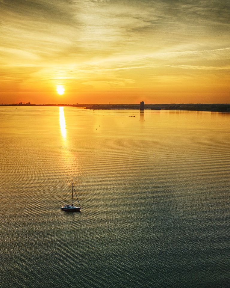 Drone sunset over lake Gooimeer