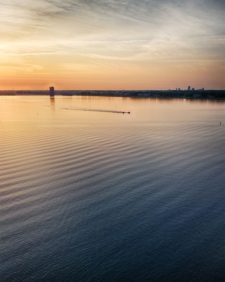 Drone sunset over lake Gooimeer