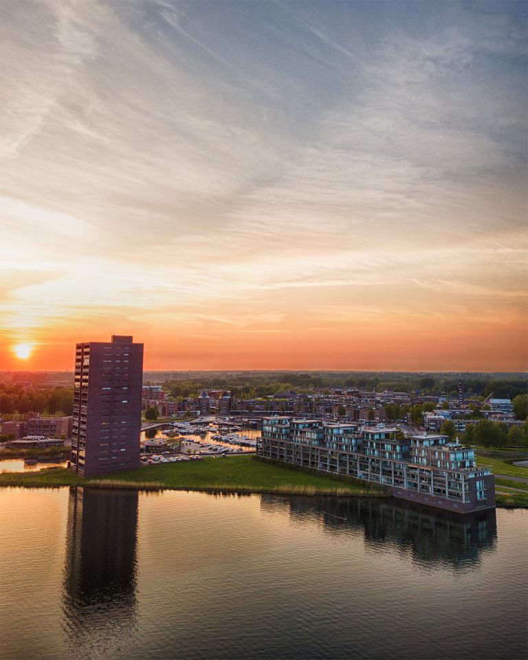 Drone sunset over lake Gooimeer