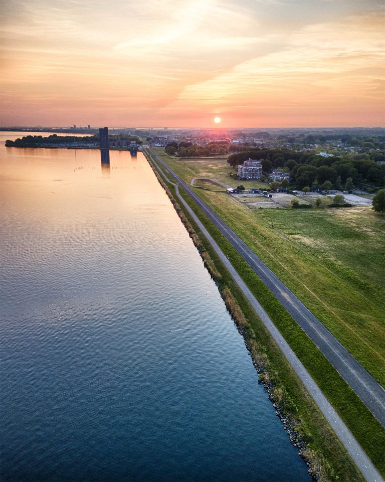 Drone sunset over lake Gooimeer