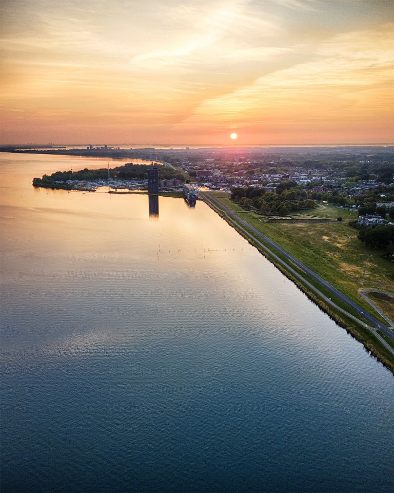 Drone sunset over lake Gooimeer