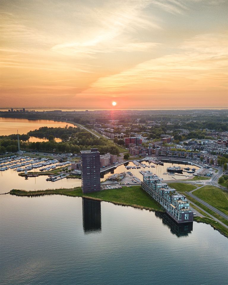 Drone sunset over lake Gooimeer