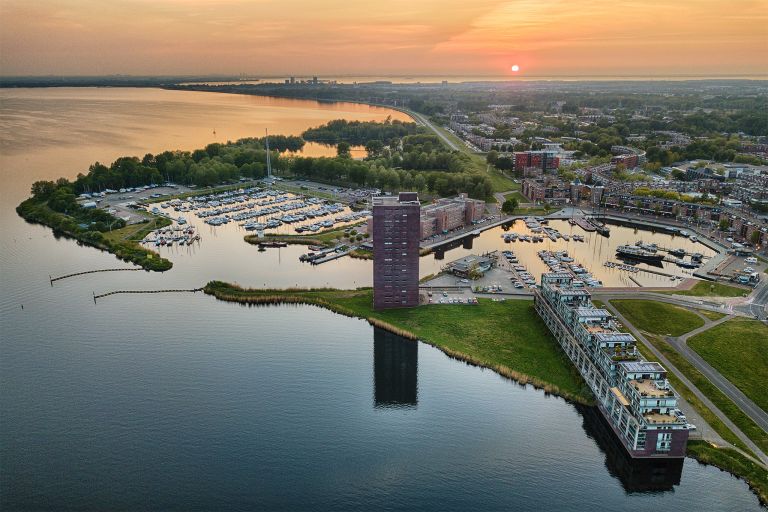 Drone sunset over lake Gooimeer