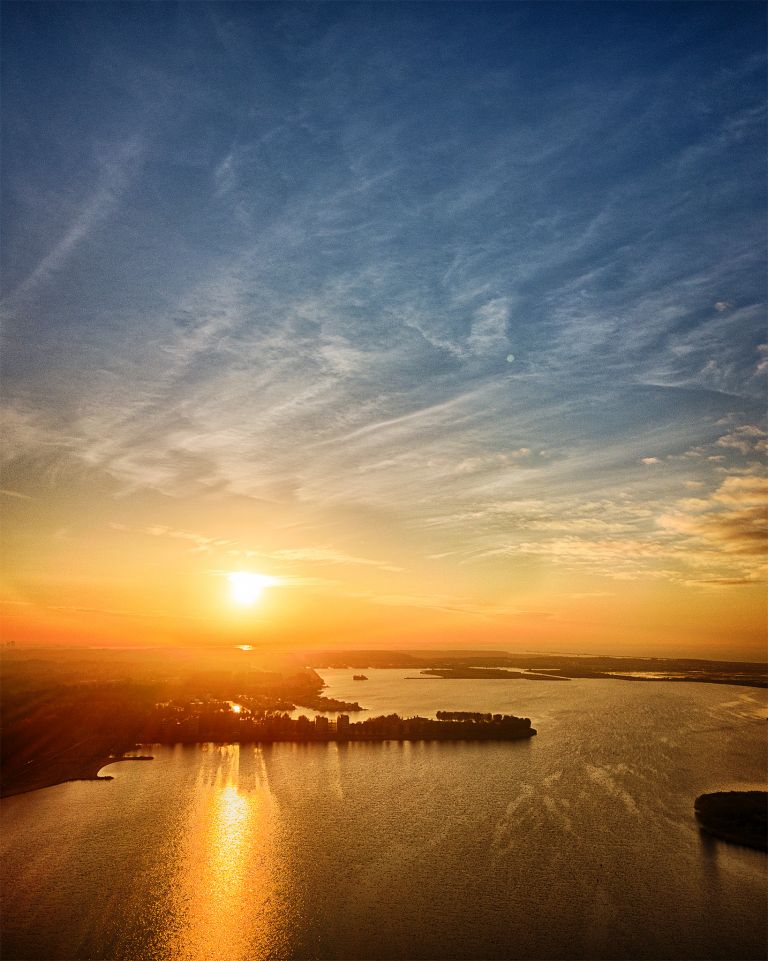 Drone sunset over lake Noorderplassen