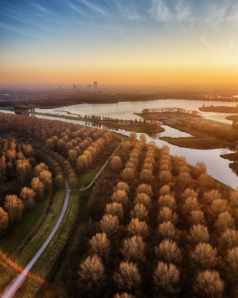 Autumn drone sunset over lake Noorderplassen