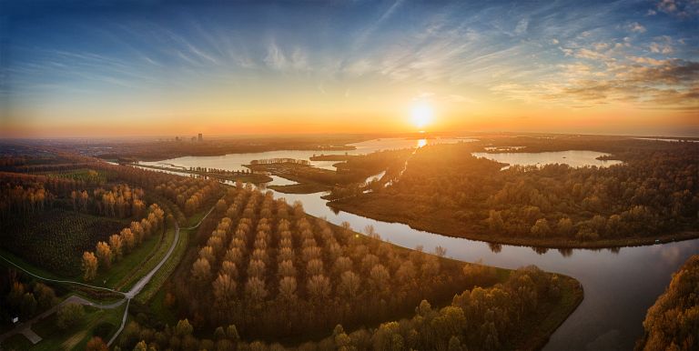 Autumn drone sunset panorama of lake Noorderplassen