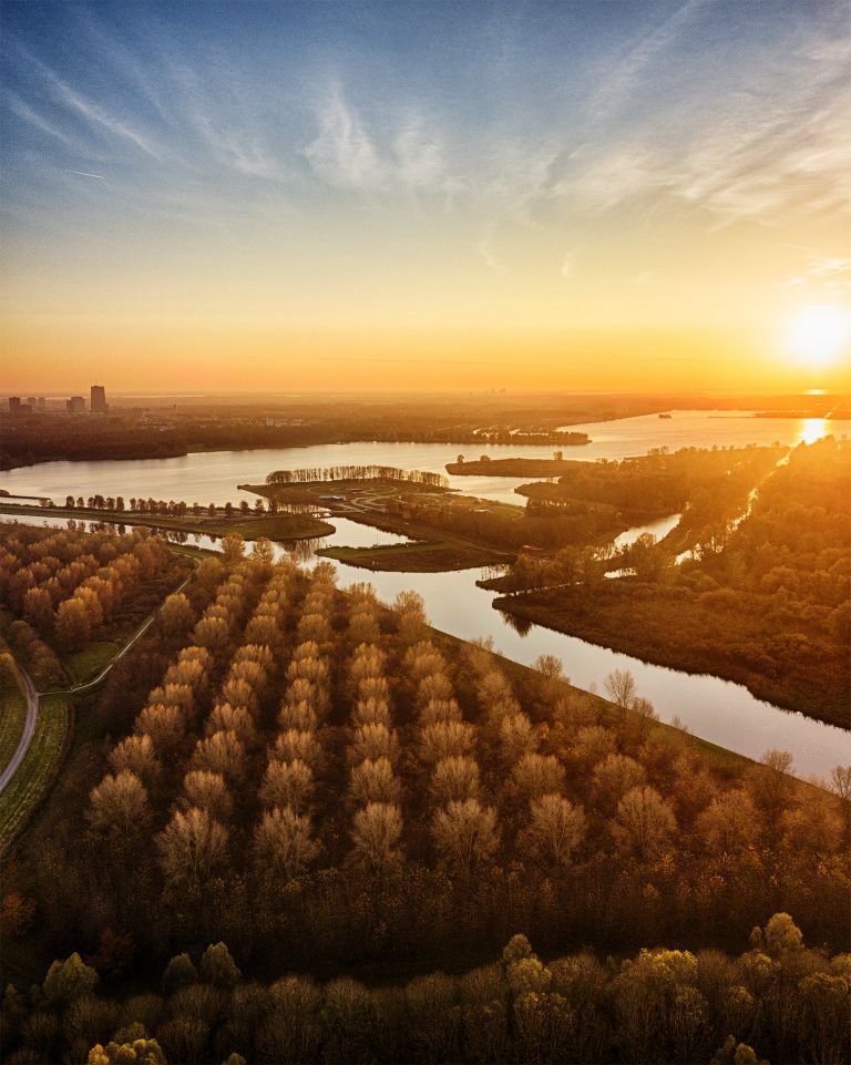 Autumn drone sunset over lake Noorderplassen