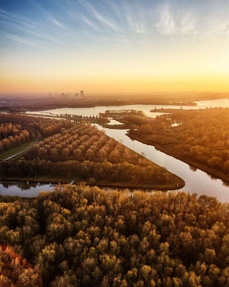 Autumn drone sunset over lake Noorderplassen