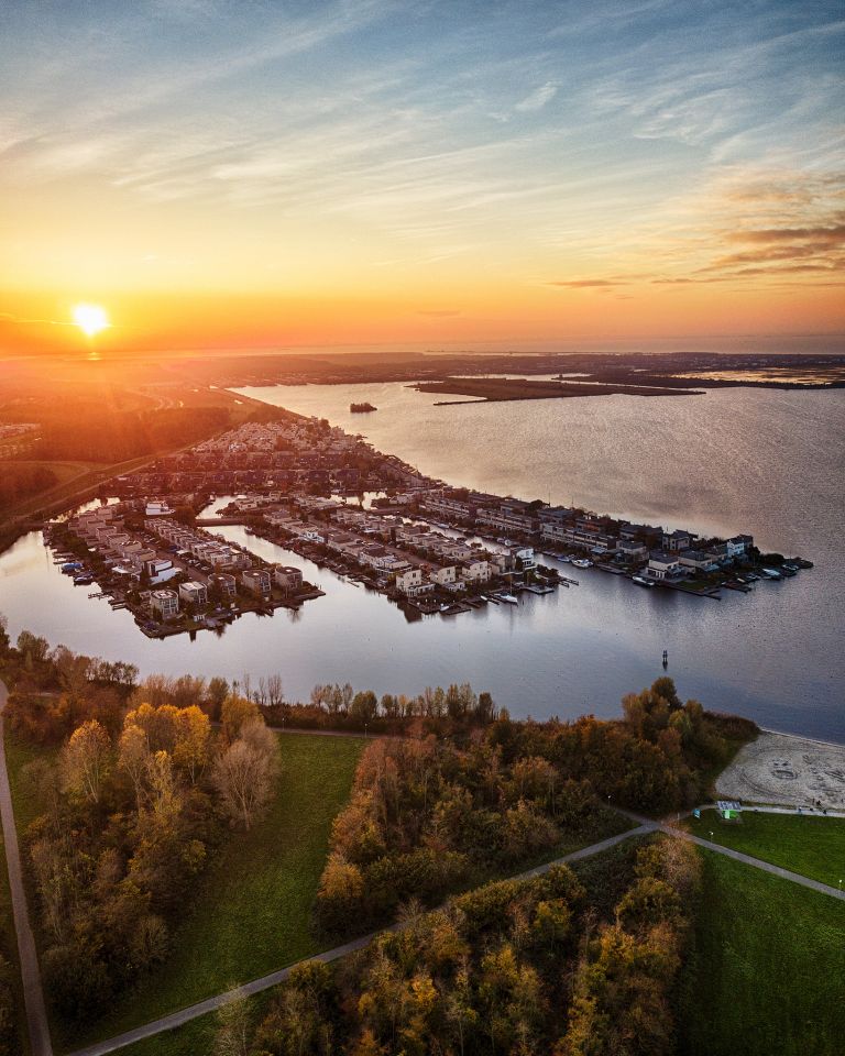 Drone sunset over lake Noorderplassen