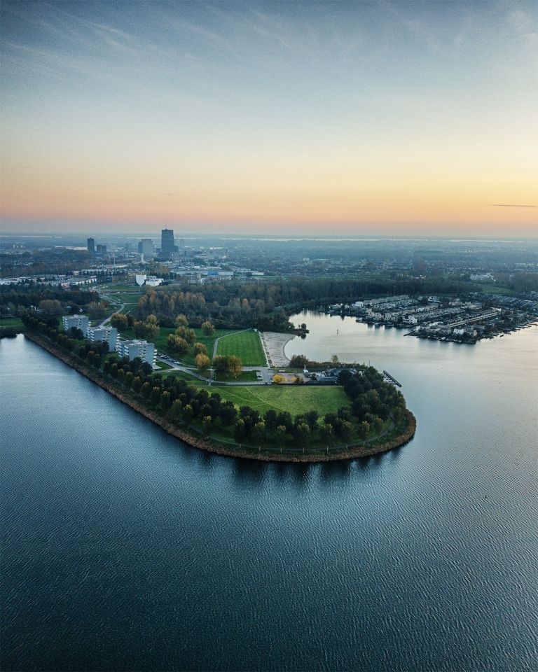 Drone sunset over lake Noorderplassen