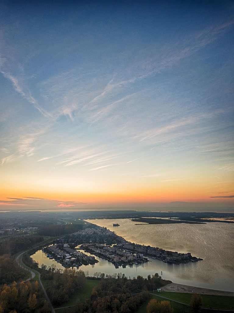 Drone sunset over lake Noorderplassen