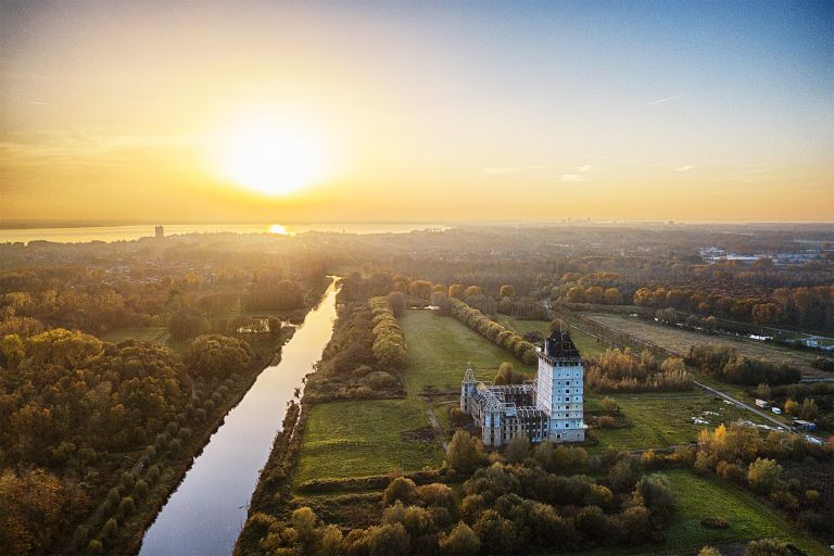 Drone sunset over Almere Castle