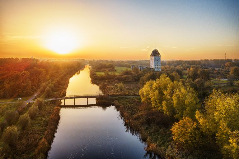 Autumn drone sunset over Almere Castle