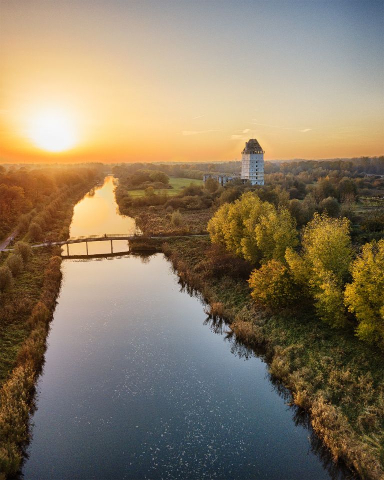 Autumn drone sunset over Almere Castle