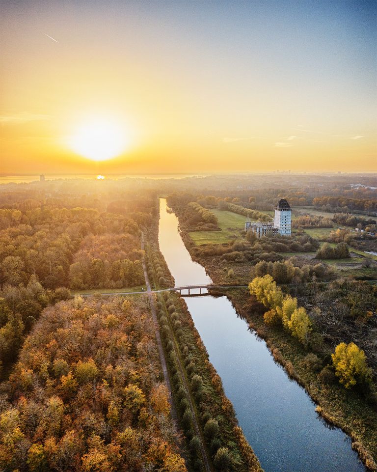 Autumn drone sunset over Almere Castle