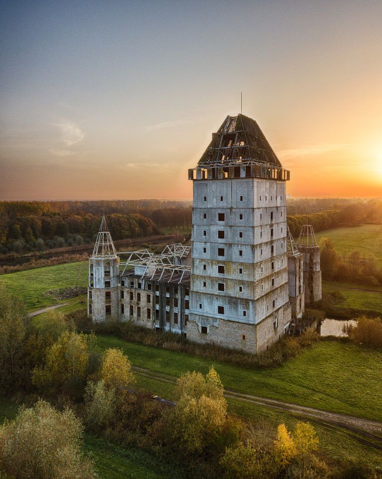 Drone sunset over Almere Castle