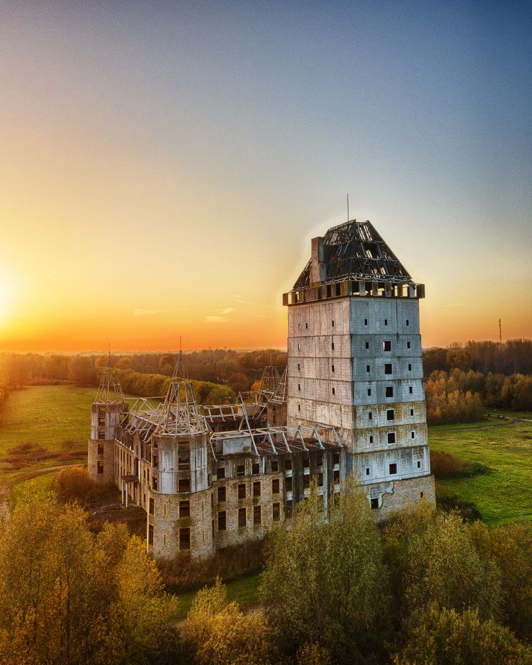 Drone sunset over Almere Castle