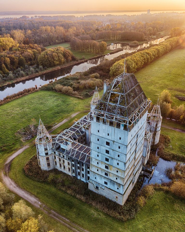 Drone sunset over Almere Castle