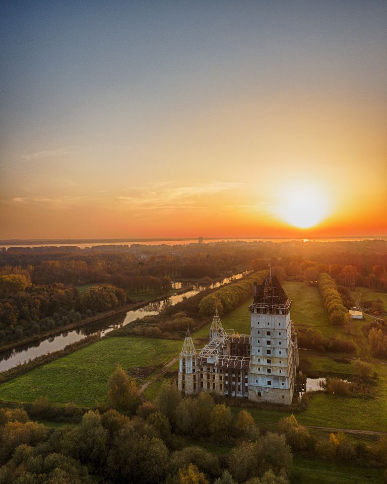 Drone sunset over Almere Castle