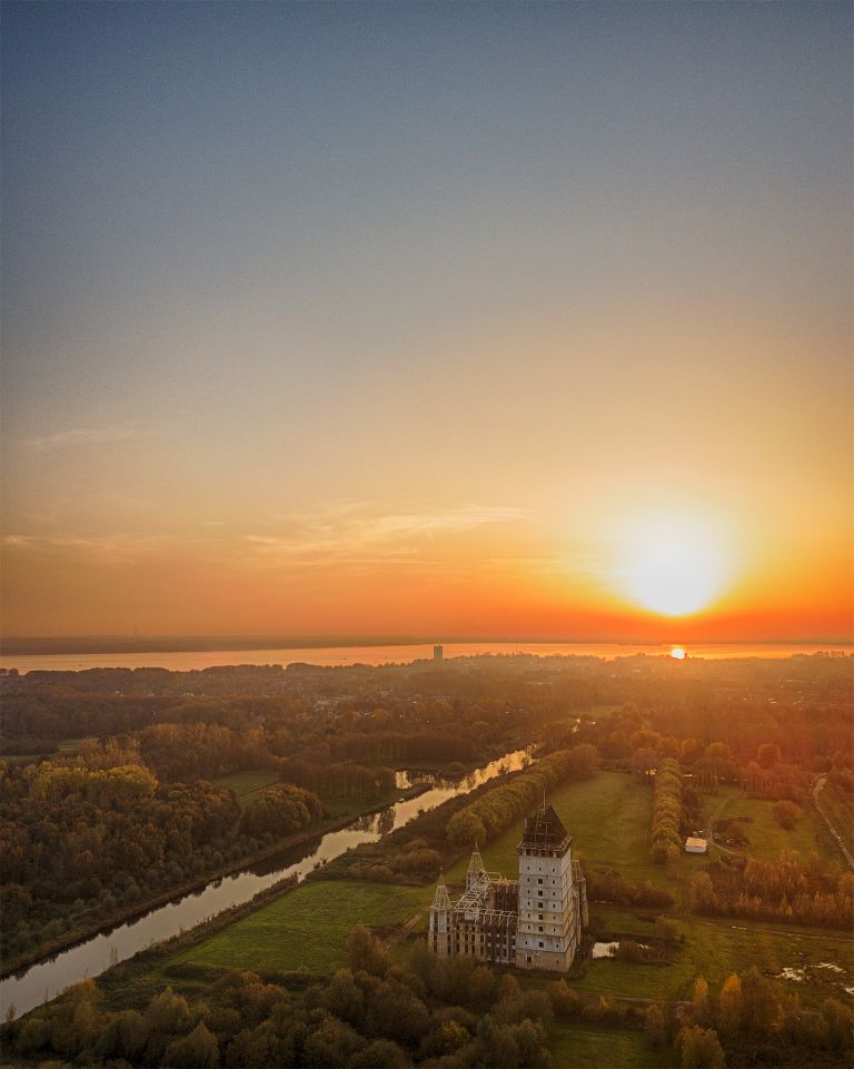 Drone sunset over Almere Castle