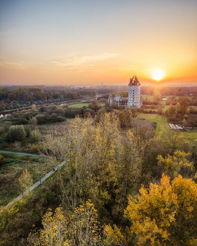 Autumn drone sunset over Almere Castle