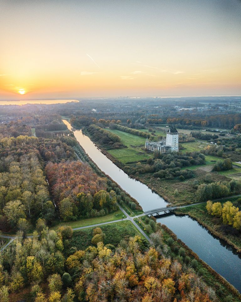 Drone sunset over Almere Castle