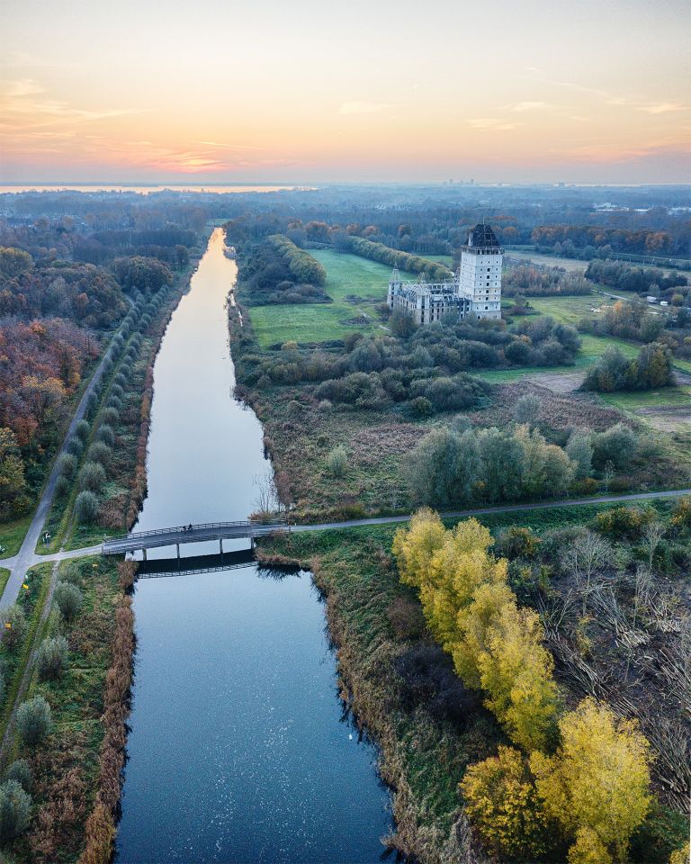 Autumn drone sunset over Almere Castle